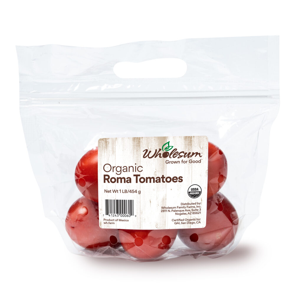 A bag of roma tomatoes