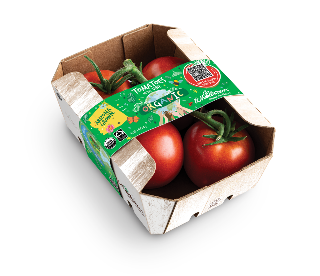 Pack of organic tomatoes on the vine in 1lb carton