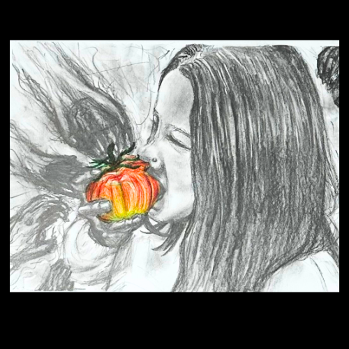 drawing of girl eating tomato