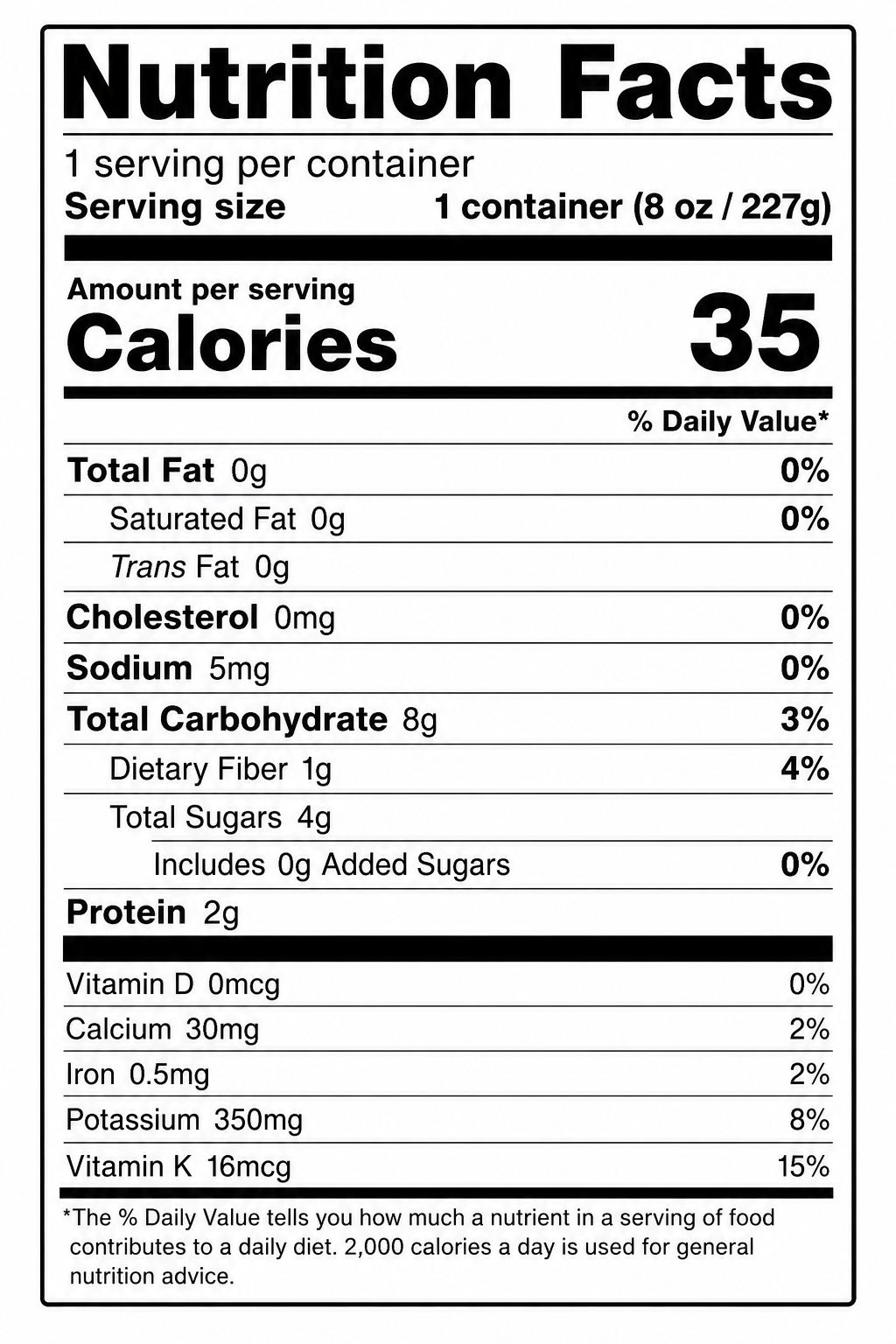Baby cucumber nutrition label