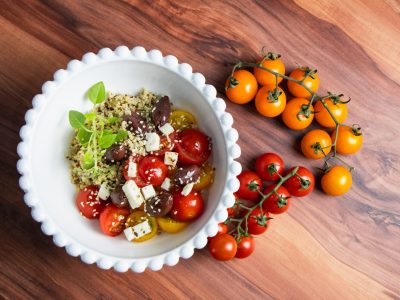 quinoa bowl on wooden background