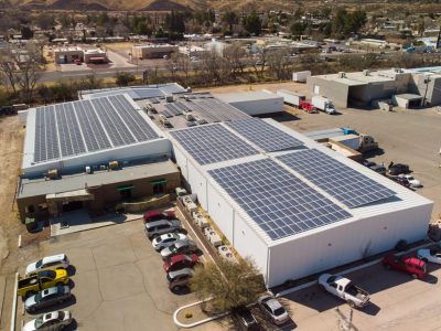 Aerial shot of Wholesum's Nogales Arizona warehouse with solar panels.
